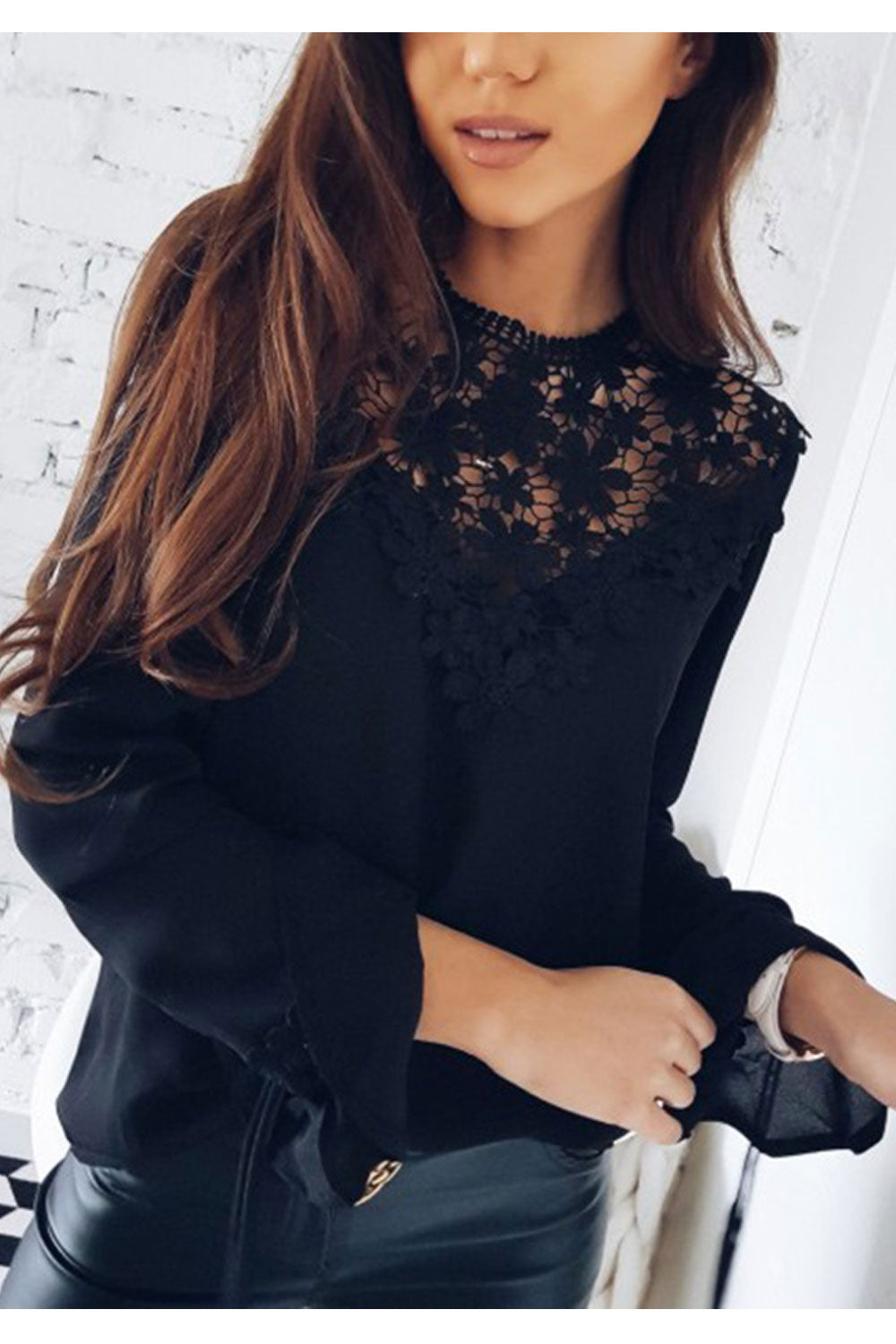 Women Dazzling Stitched Floral Lace Trumpet Sleeve Round Neck Comforatble & Fashionable Blouse