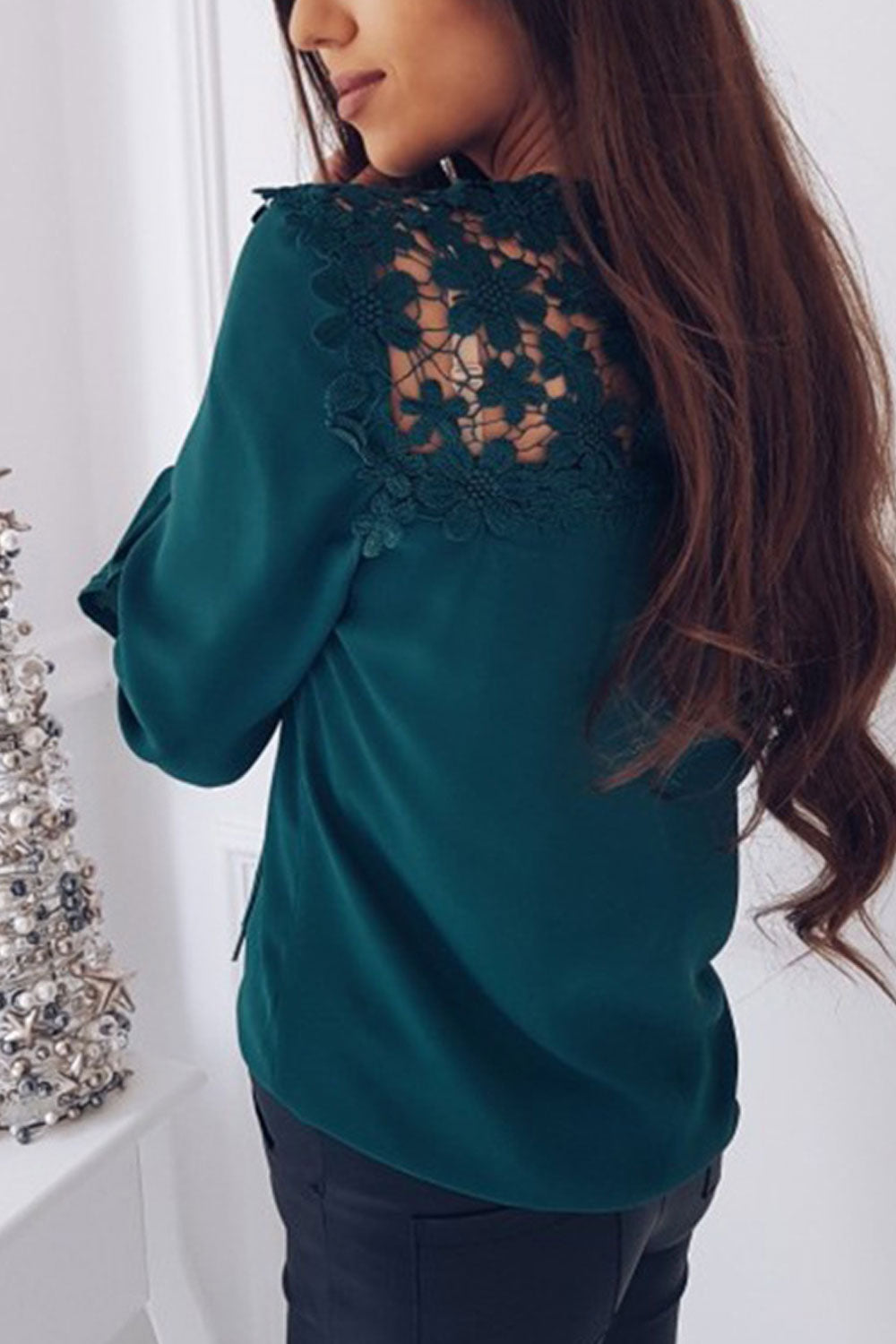 Women Dazzling Stitched Floral Lace Trumpet Sleeve Round Neck Comforatble & Fashionable Blouse