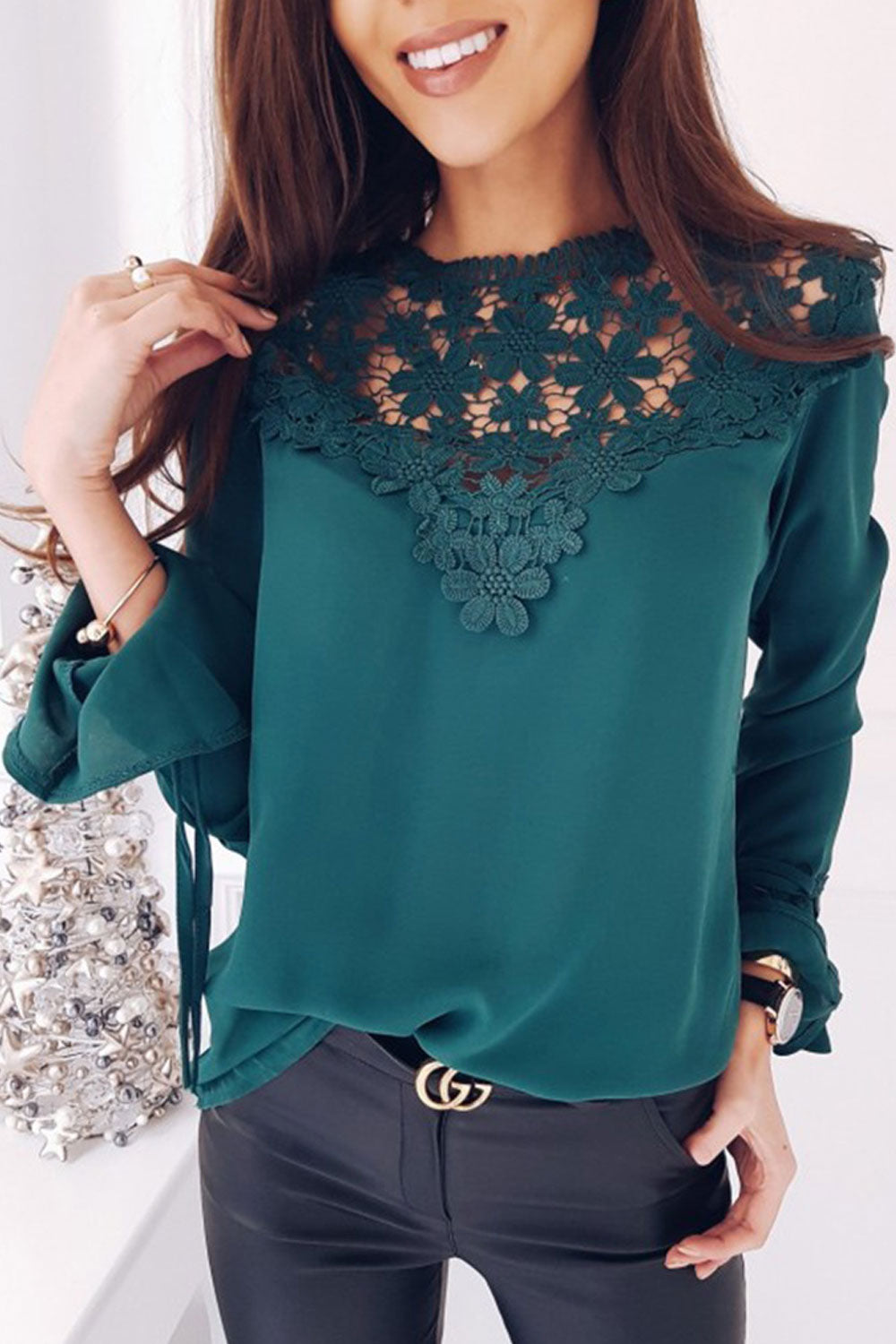 Women Dazzling Stitched Floral Lace Trumpet Sleeve Round Neck Comforatble & Fashionable Blouse