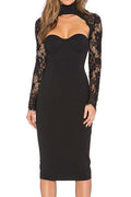 Women Exciting Halter Neck Lace Designed Sleeve Solid Pattern Attractive Bodycon Dress