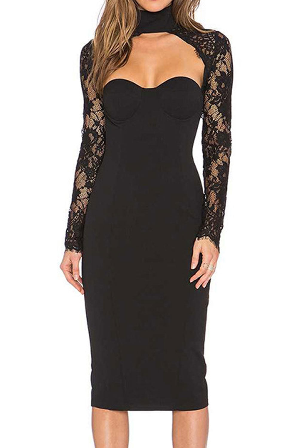 Women Exciting Halter Neck Lace Designed Sleeve Solid Pattern Attractive Bodycon Dress