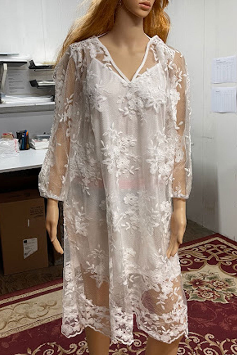 Women Fabulous Transparent Lace Decorated V-Neck Long Sleeve Superb A-Line Dress