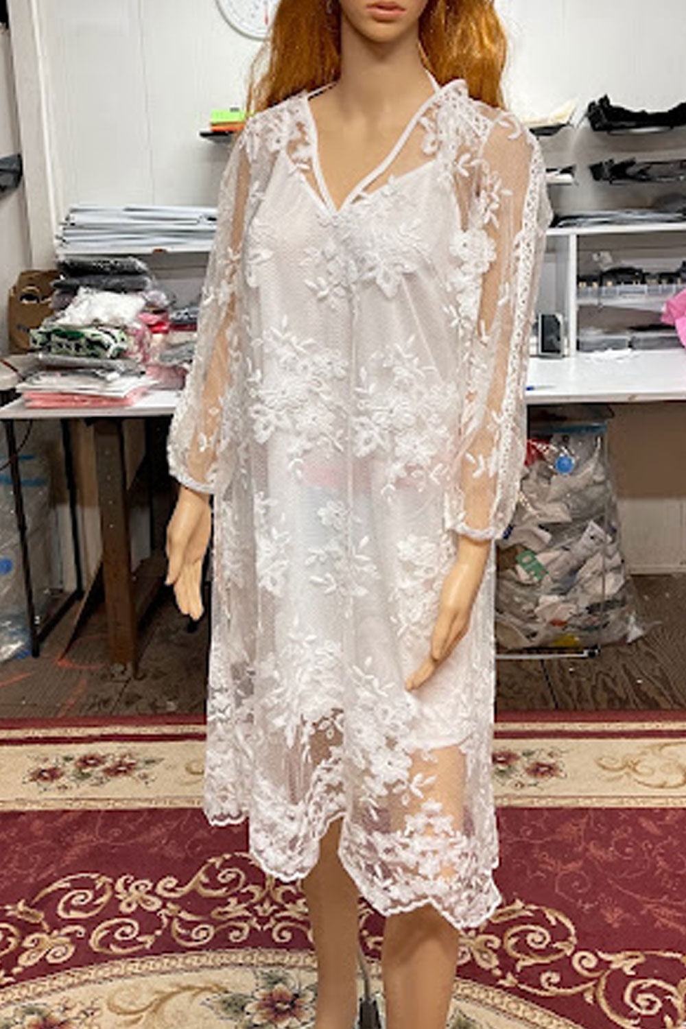Women Fabulous Transparent Lace Decorated V-Neck Long Sleeve Superb A-Line Dress