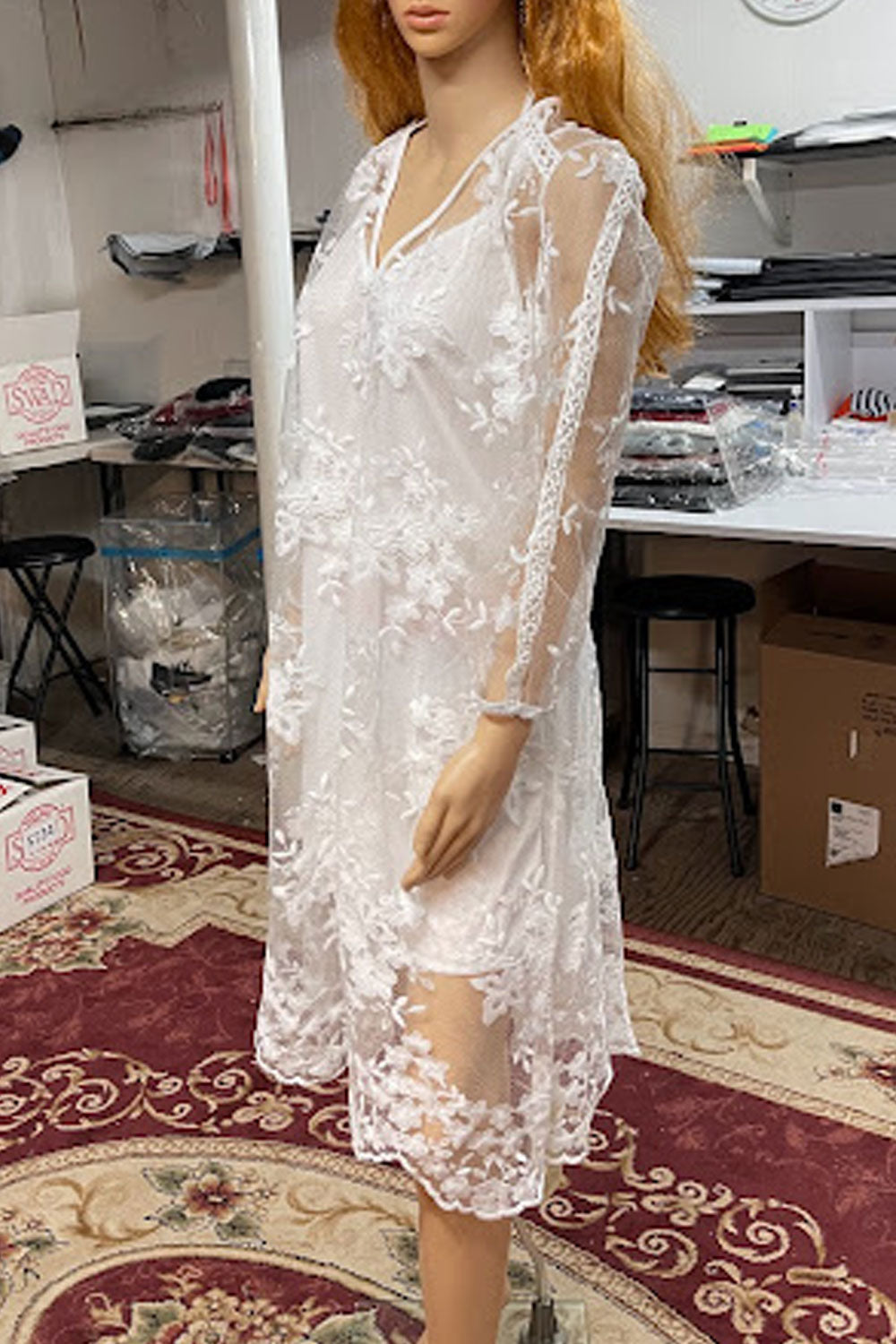 Women Fabulous Transparent Lace Decorated V-Neck Long Sleeve Superb A-Line Dress