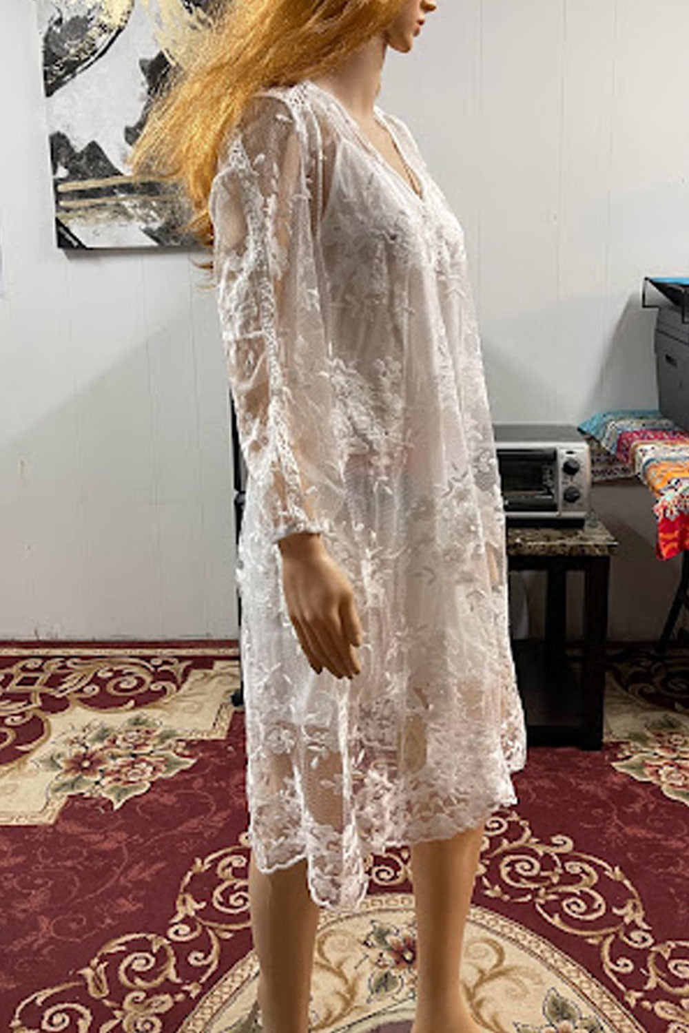 Women Fabulous Transparent Lace Decorated V-Neck Long Sleeve Superb A-Line Dress