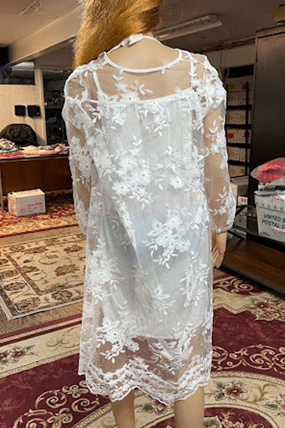 Women Fabulous Transparent Lace Decorated V-Neck Long Sleeve Superb A-Line Dress