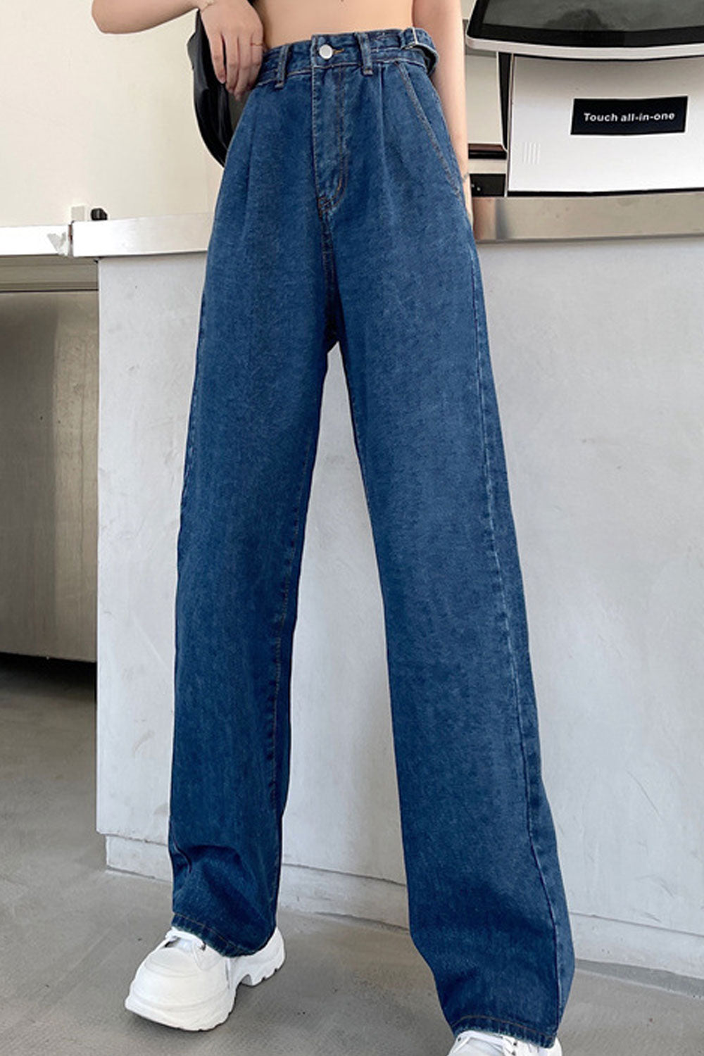Women Beautiful Solid Colored Durable Belt Loops Thin & Stretchable Wide-Legs Casual Denim Jeans