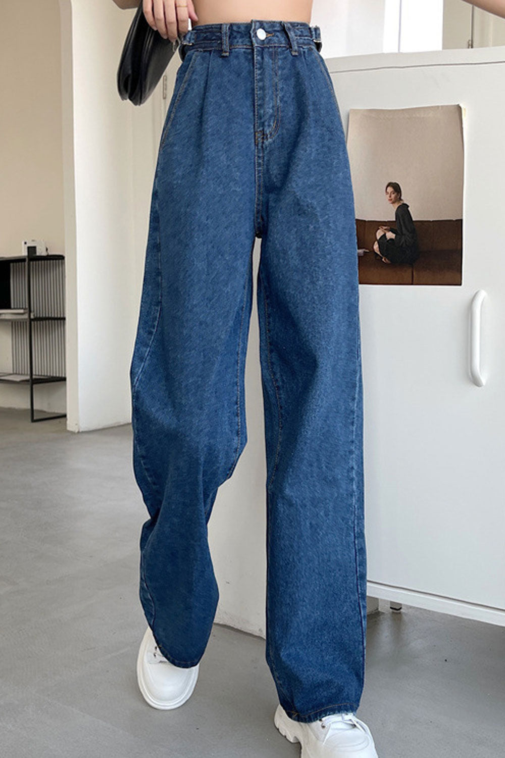 Women Beautiful Solid Colored Durable Belt Loops Thin & Stretchable Wide-Legs Casual Denim Jeans