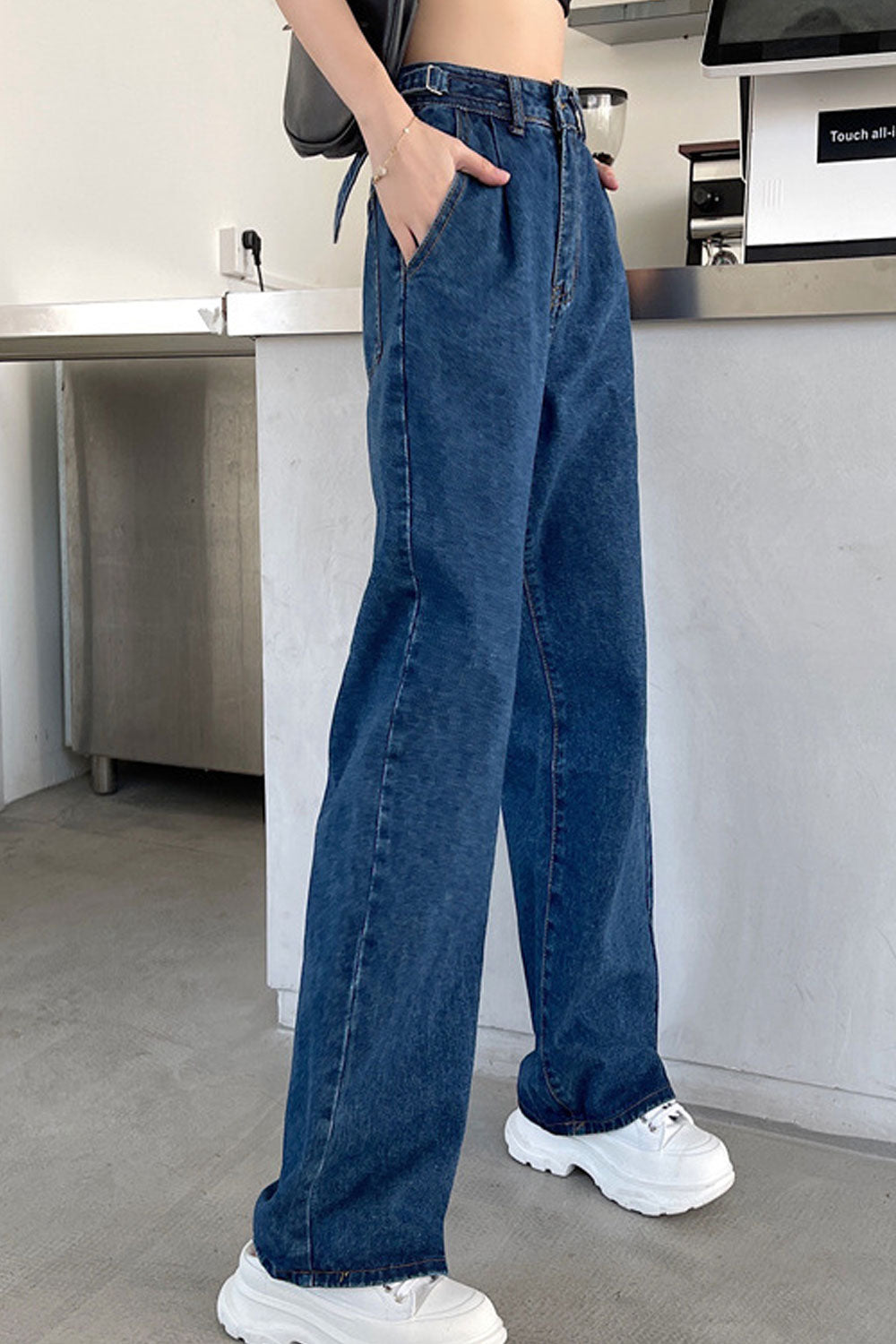 Women Beautiful Solid Colored Durable Belt Loops Thin & Stretchable Wide-Legs Casual Denim Jeans