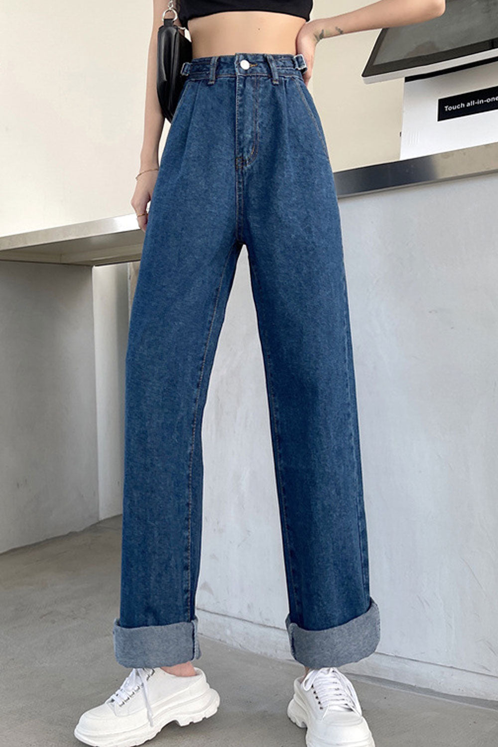 Women Beautiful Solid Colored Durable Belt Loops Thin & Stretchable Wide-Legs Casual Denim Jeans