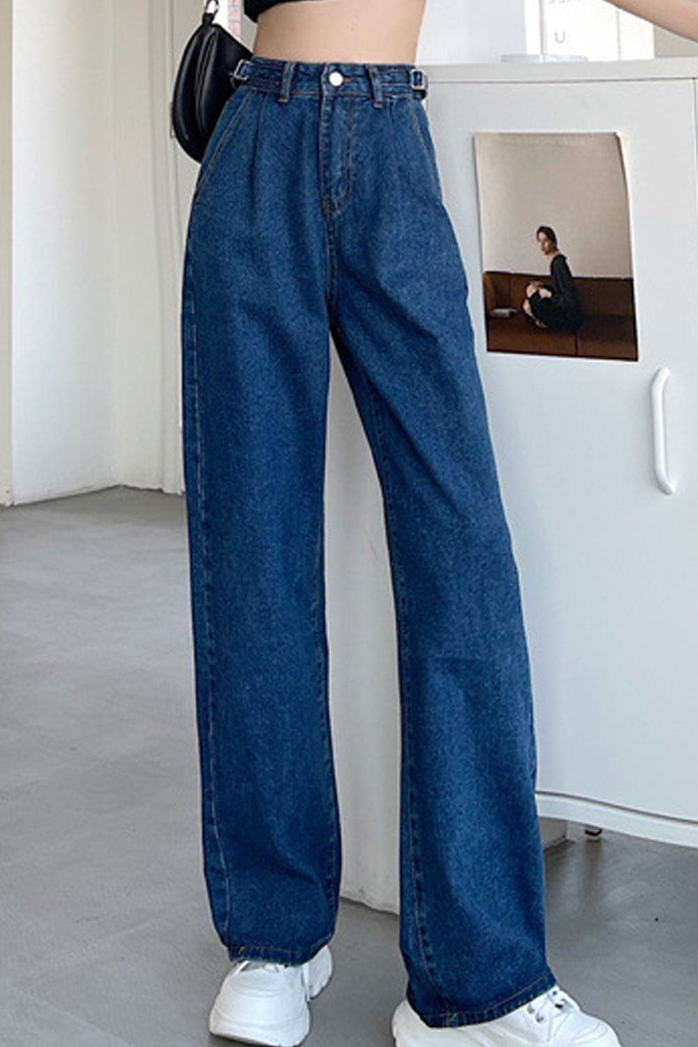 Women Beautiful Solid Colored Durable Belt Loops Thin & Stretchable Wide-Legs Casual Denim Jeans