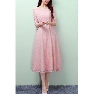 Women Lovely Knee Length Sqaure Neck Slim Waist A-Line Party Evening Dress