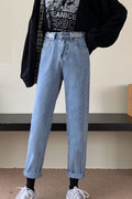 Women Beautiful Solid Colored Easy Button Closure High-Waist Winter Straight Fashion Denim Jeans
