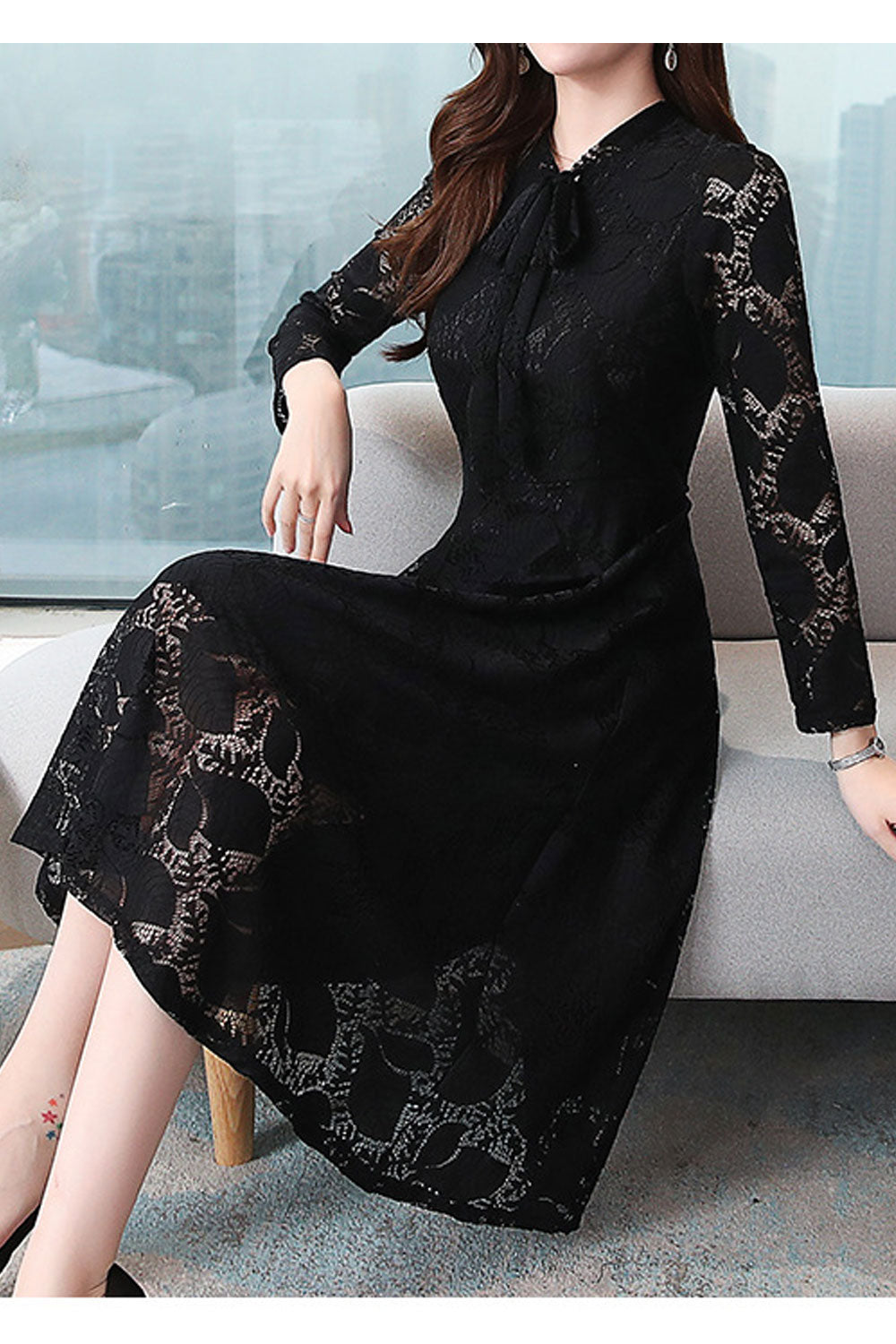 Women Enticing Lace Patterned V-Neck Net Long Sleeves A-line Style Slim Fit Dress