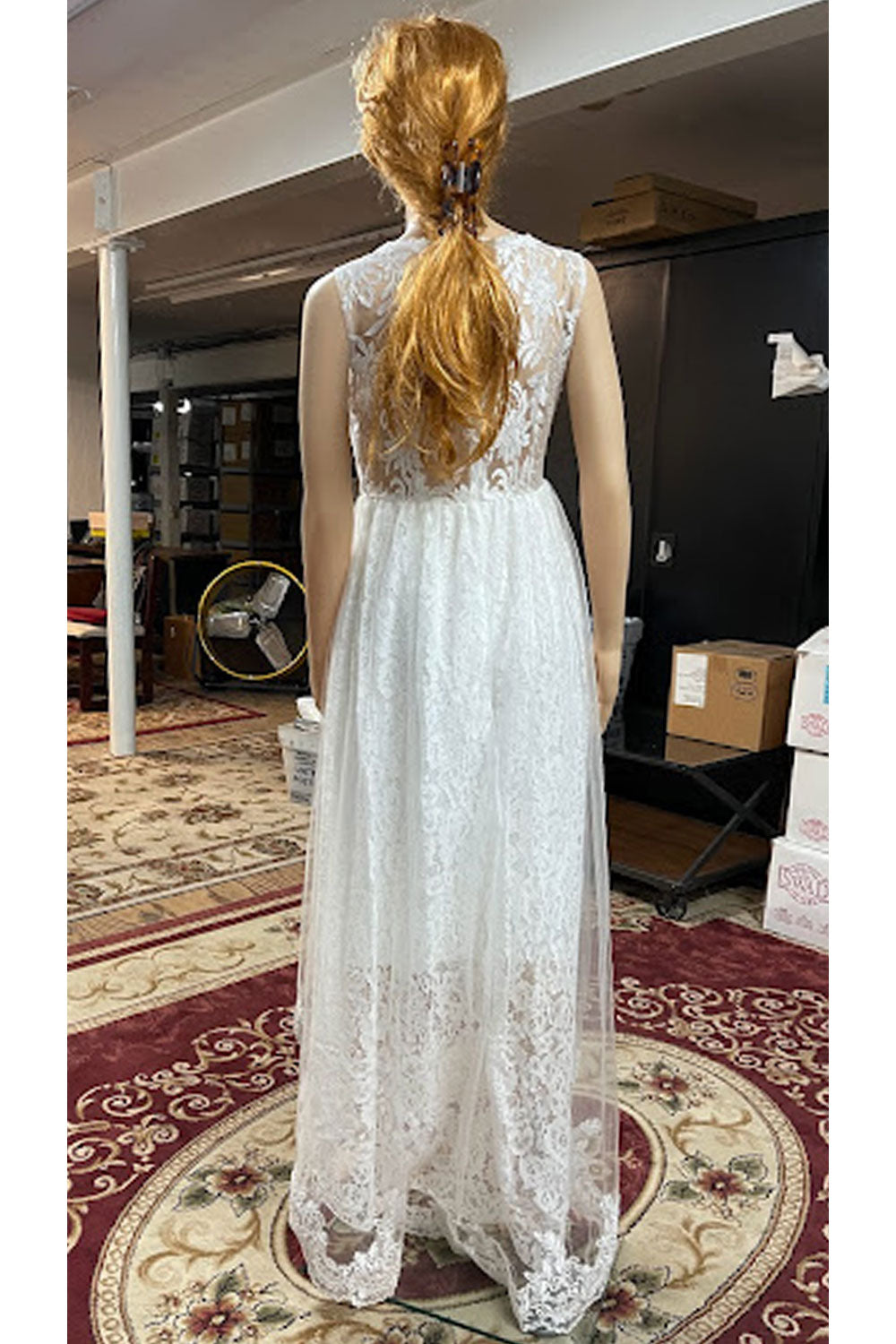 Women Attractive Lace Patterned Illusion Style V-Neck Sleeveless Mid Length A-Line Dress