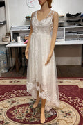 Women Attractive Lace Patterned Illusion Style V-Neck Sleeveless Mid Length A-Line Dress