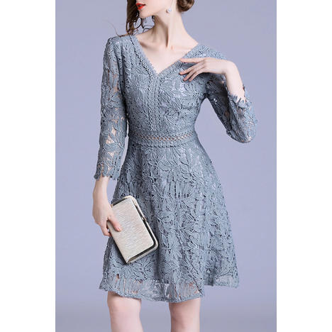 Women V-Neck Long Sleeve Mini Lace Dress