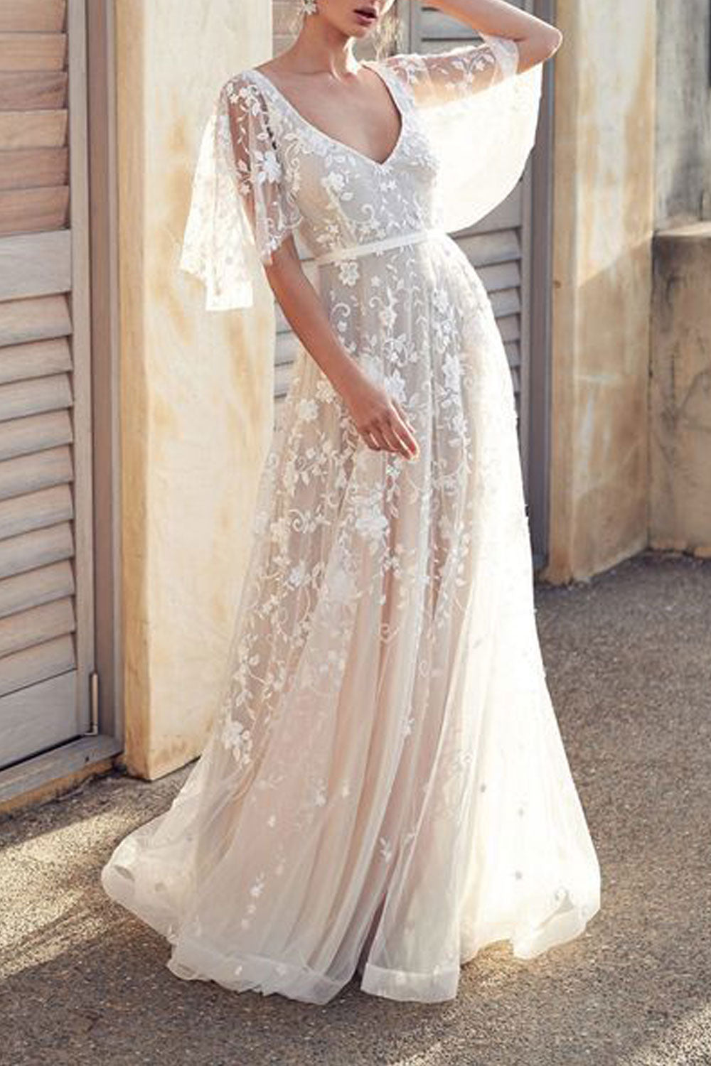 Women Deep V-Neck Long Length Transparent Flower Lace Decorated Wedding Dress