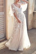 Women Deep V-Neck Long Length Transparent Flower Lace Decorated Wedding Dress