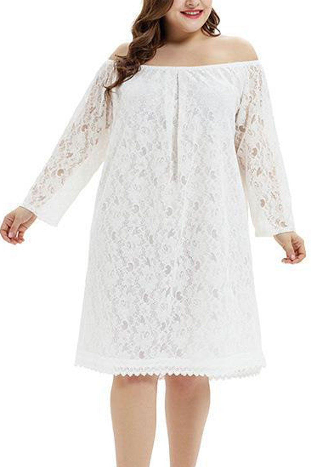 Women Elegant Lace Decorated Off-Shoulder Neck Long Sleeve Superb Loose Fit Shift Dress