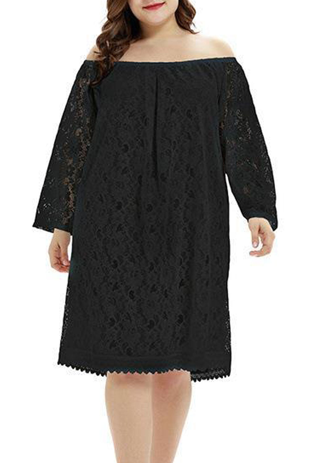 Women Elegant Lace Decorated Off-Shoulder Neck Long Sleeve Superb Loose Fit Shift Dress