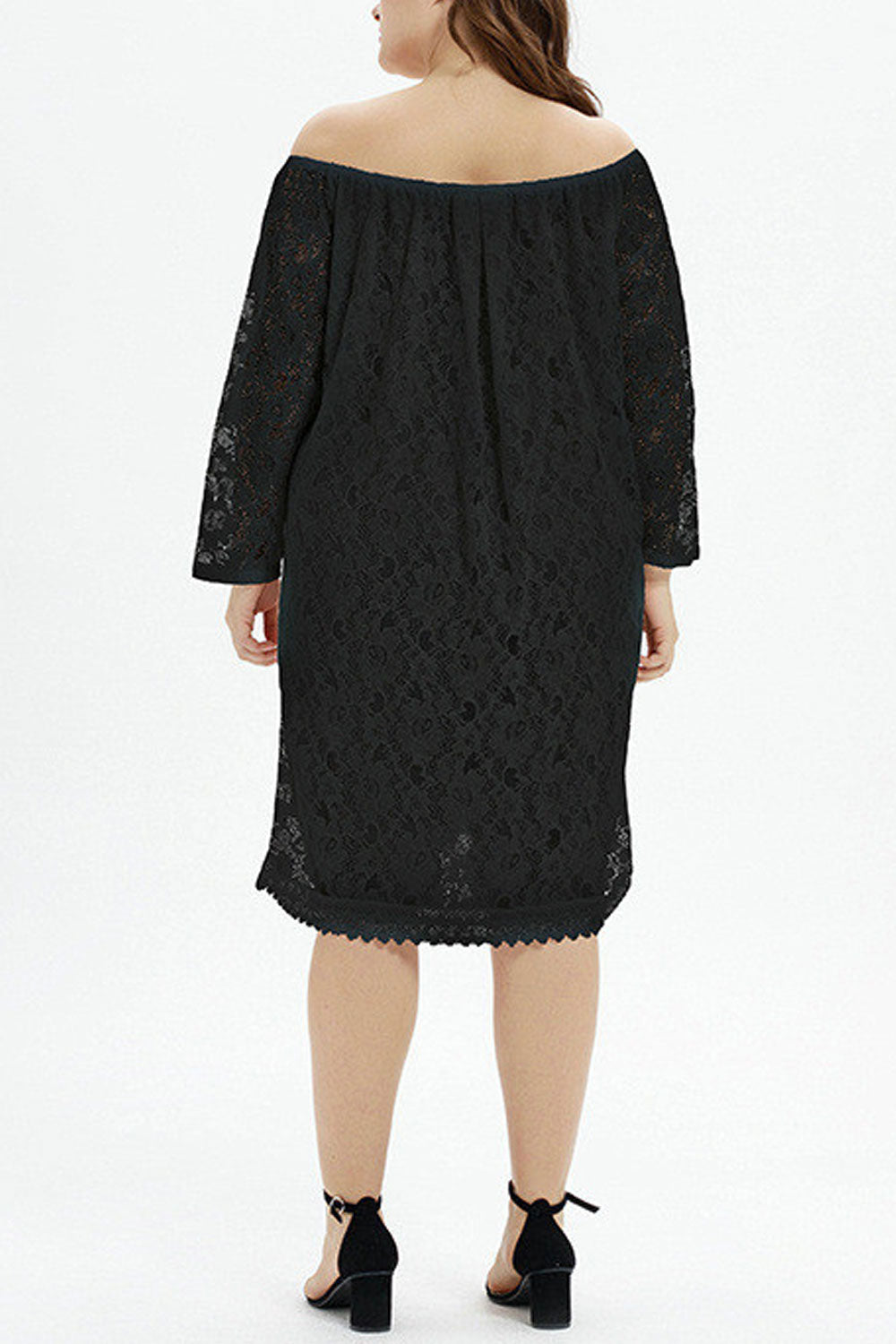 Women Elegant Lace Decorated Off-Shoulder Neck Long Sleeve Superb Loose Fit Shift Dress