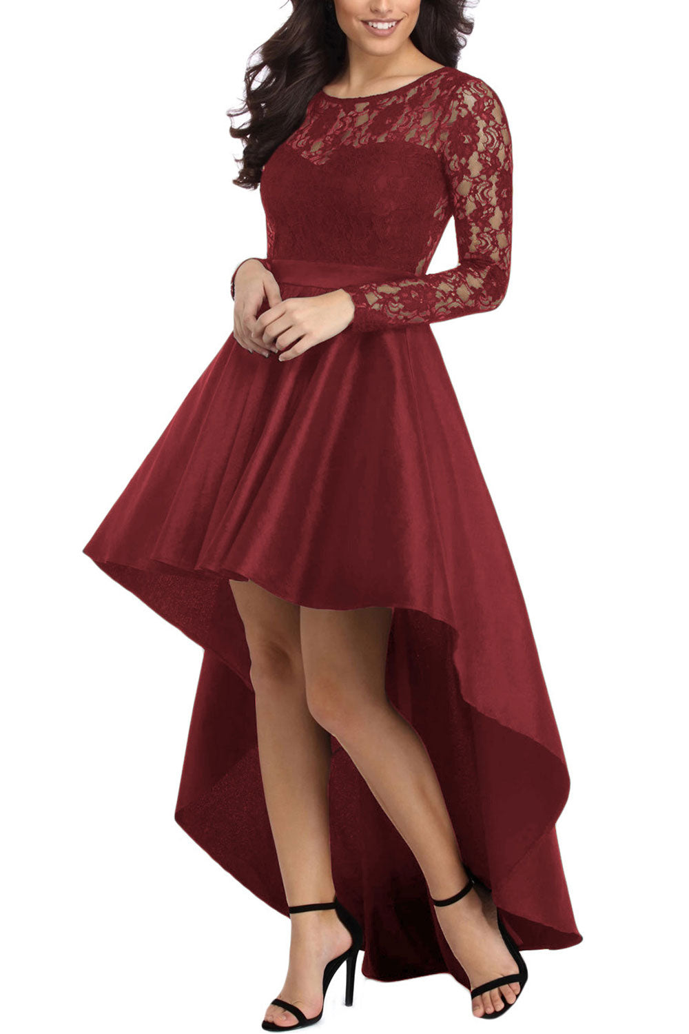 Women Splendid Lace Decorated Long Sleeve Round Neck Appealing Winter Comfortable Party Evening Dress