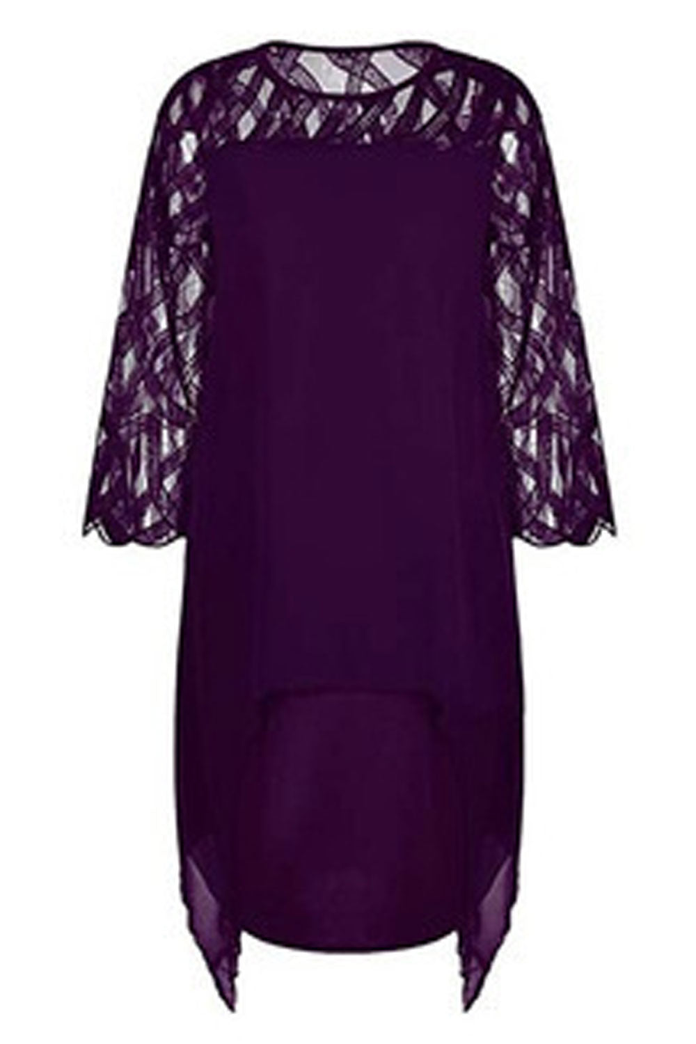 Women Appealing Lace Stitched Solid Pattern Round Neck Beautiful Sleeves Irregular Party Evening Dress