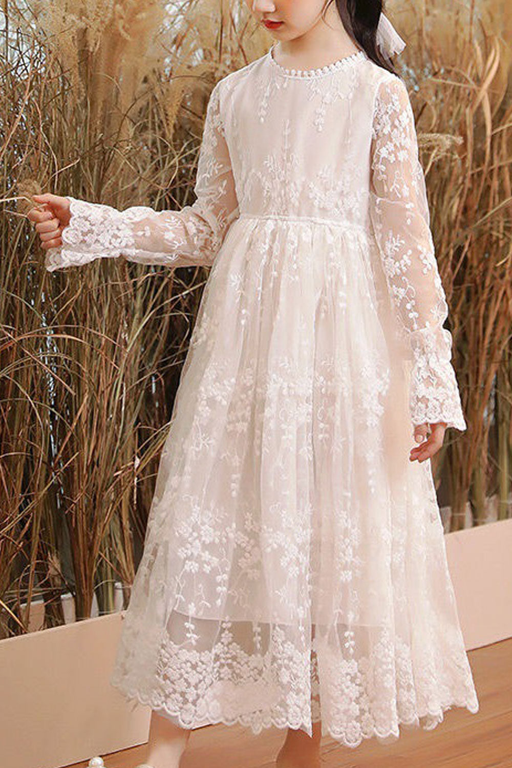 Kids Girls Fascinating Floral Lace Pattern Beautiful Long Sleeve Round Neck A-Line Skirt Dress