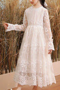 Kids Girls Fascinating Floral Lace Pattern Beautiful Long Sleeve Round Neck A-Line Skirt Dress