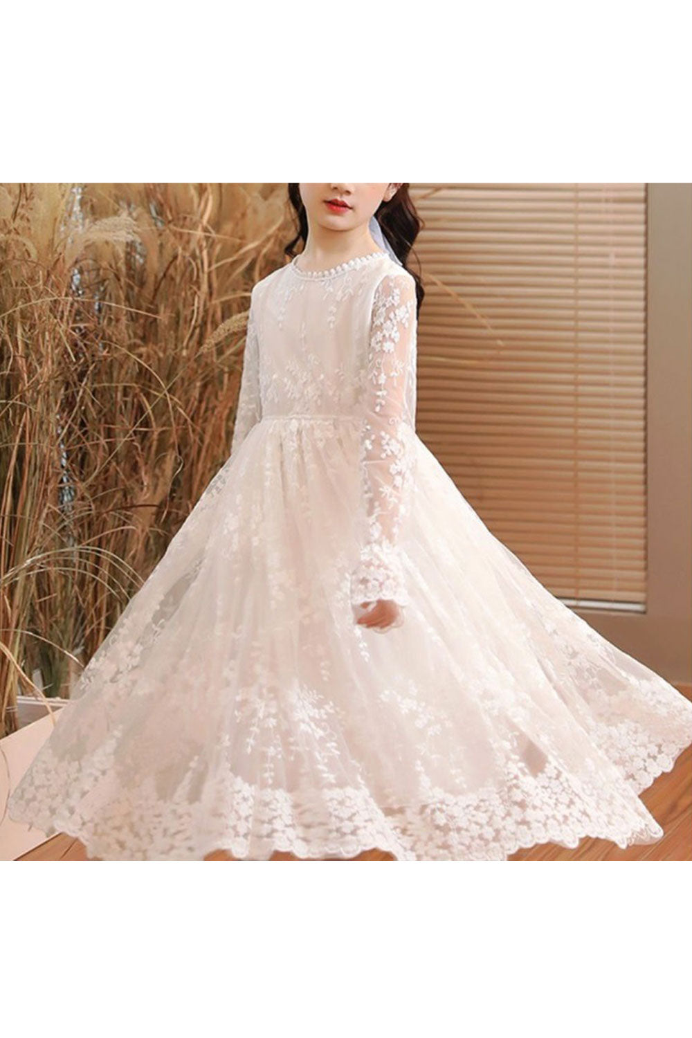 Kids Girls Fascinating Floral Lace Pattern Beautiful Long Sleeve Round Neck A-Line Skirt Dress