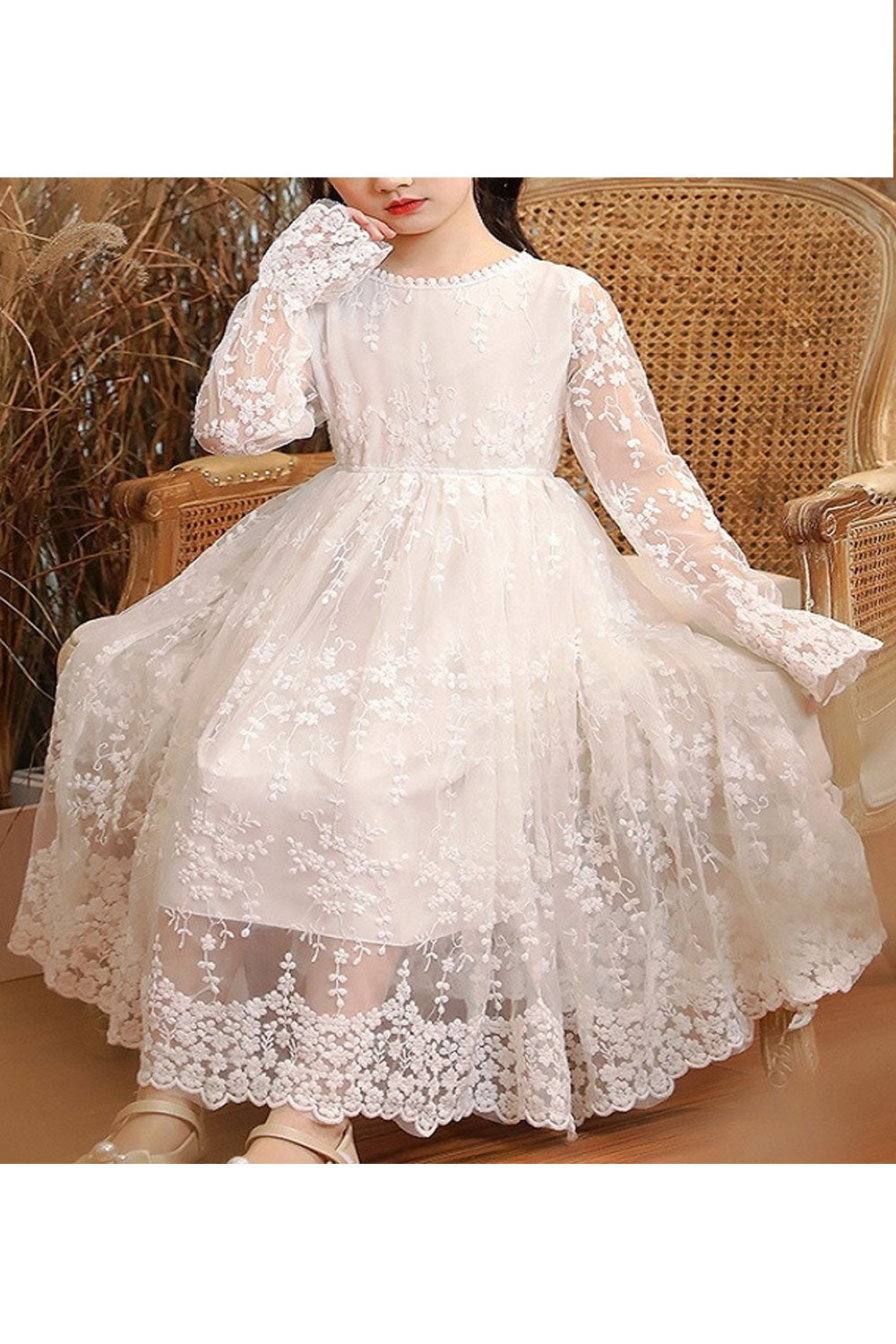 Kids Girls Fascinating Floral Lace Pattern Beautiful Long Sleeve Round Neck A-Line Skirt Dress