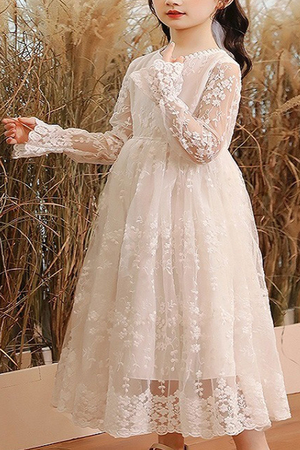Kids Girls Fascinating Floral Lace Pattern Beautiful Long Sleeve Round Neck A-Line Skirt Dress