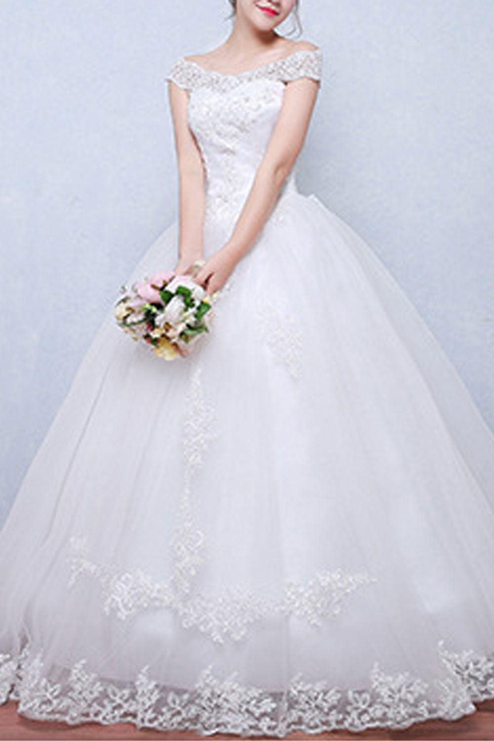 Women Appealing Off-Shoulder Sleeve Beautifully Embroidered Floor Length Wedding Gown Dress