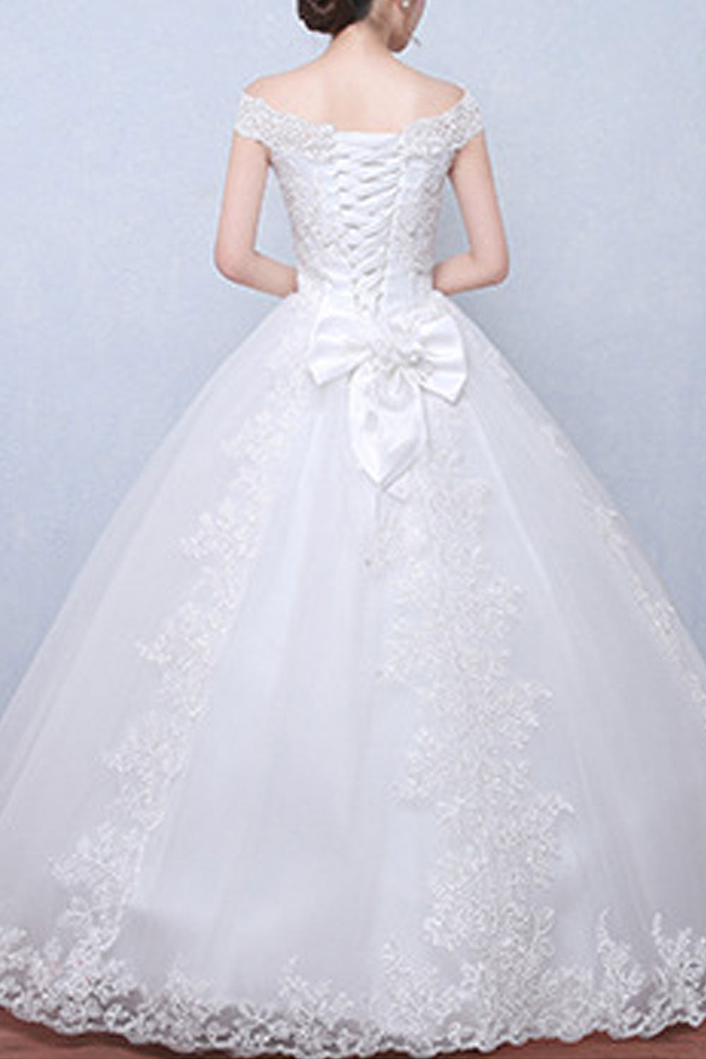 Women Appealing Off-Shoulder Sleeve Beautifully Embroidered Floor Length Wedding Gown Dress