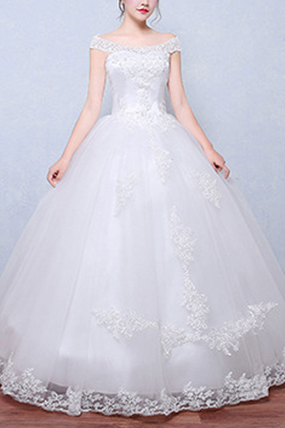 Women Appealing Off-Shoulder Sleeve Beautifully Embroidered Floor Length Wedding Gown Dress