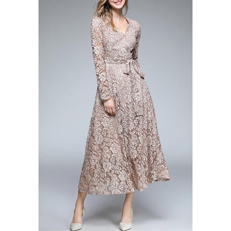 Women Floral Lace V-Neck Fashion Gown Dress