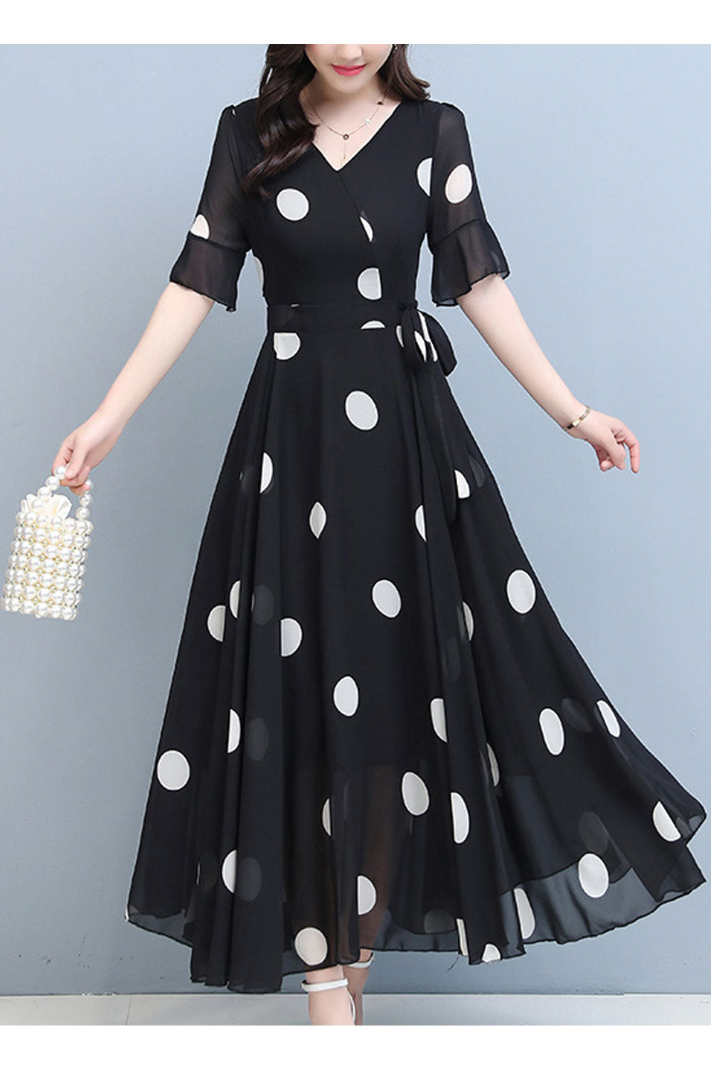 Women Fascinating Polka Doted V-Neck Short Sleeve Slim Waist Lovely Chiffon Long Skirt Dress