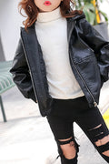 Kids Girls Hooded Style Ribbed Cuff Long Sleeve Cute Leather Jacket