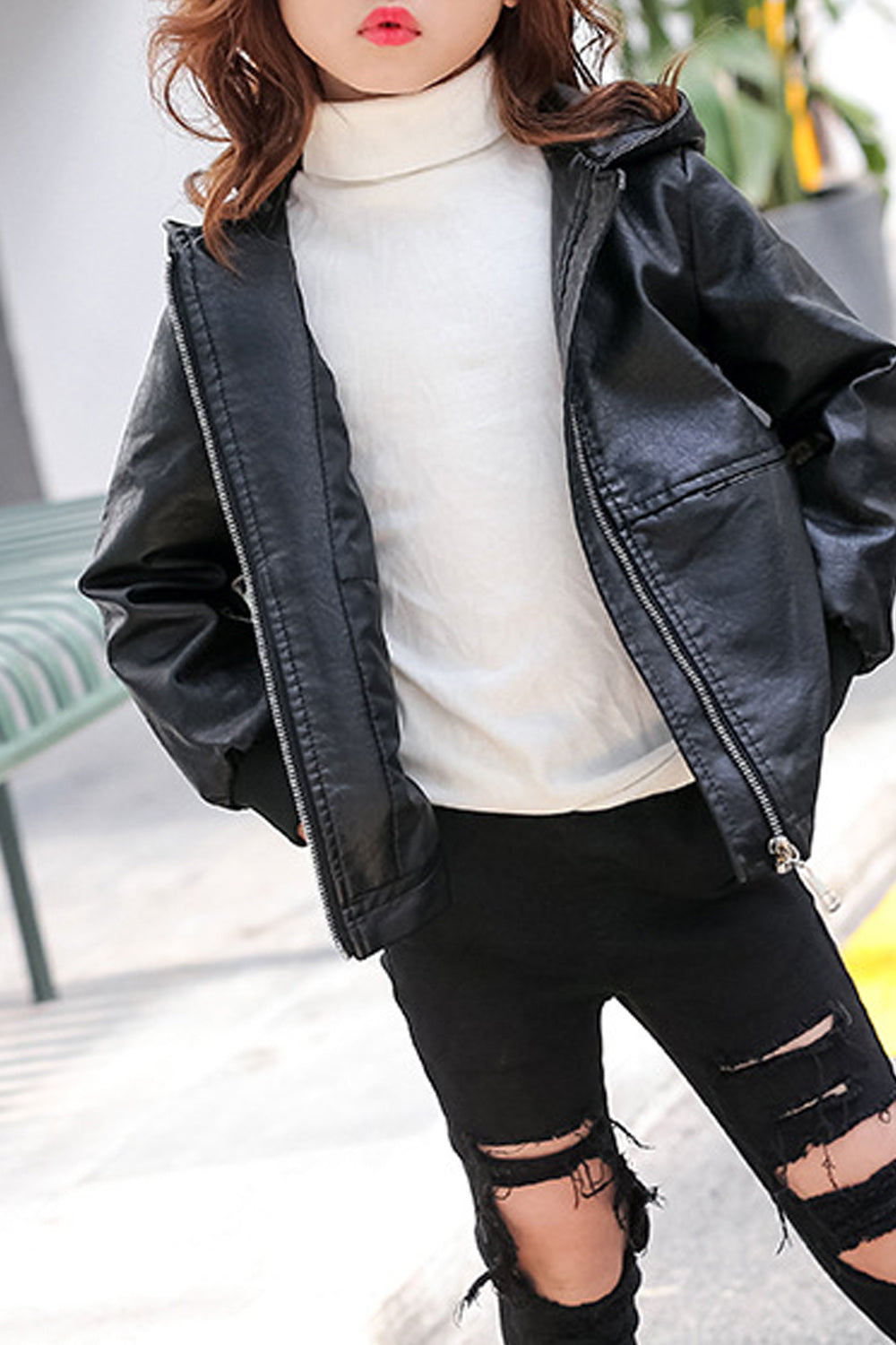 Kids Girls Hooded Style Ribbed Cuff Long Sleeve Cute Leather Jacket
