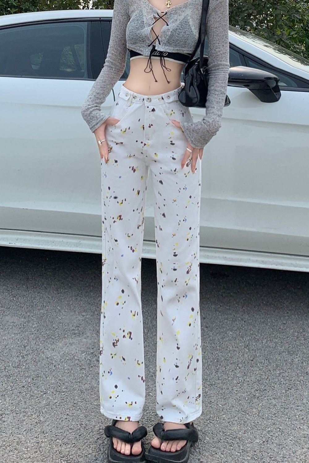 Women Lovely Printed Pattern Thin & Breathable Button High-Waist Casual Fashion Jeans