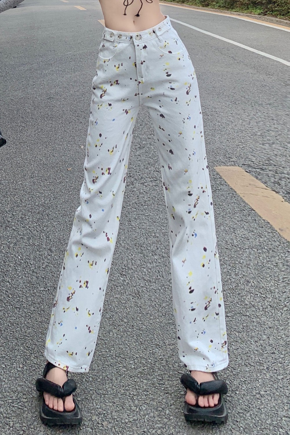 Women Lovely Printed Pattern Thin & Breathable Button High-Waist Casual Fashion Jeans