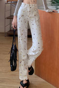Women Lovely Printed Pattern Thin & Breathable Button High-Waist Casual Fashion Jeans