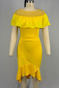 Women Superb Lace Bust Round Neck Elbow Sleeve Mid Length trendy Solid Colored Slim Fit Beautiful Dress