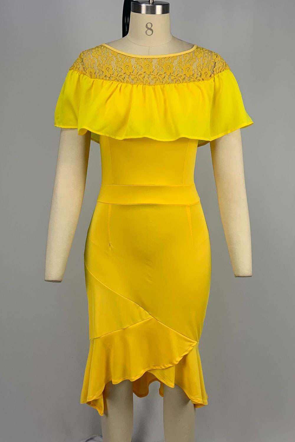 Women Superb Lace Bust Round Neck Elbow Sleeve Mid Length trendy Solid Colored Slim Fit Beautiful Dress