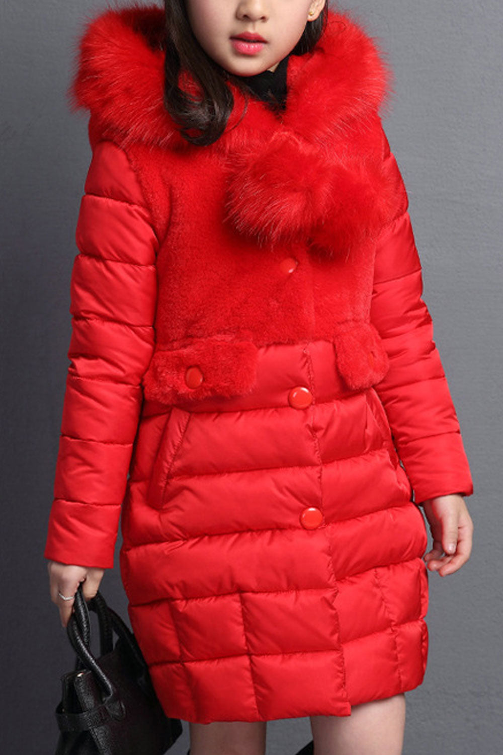 Kid Girl Fluffy Styled Hooded Neck Long Sleeves & Side Slash Pockets Buttoned Closure Cozy Winter Padded Jacket