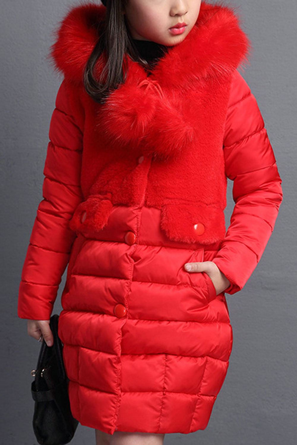 Kid Girl Fluffy Styled Hooded Neck Long Sleeves & Side Slash Pockets Buttoned Closure Cozy Winter Padded Jacket
