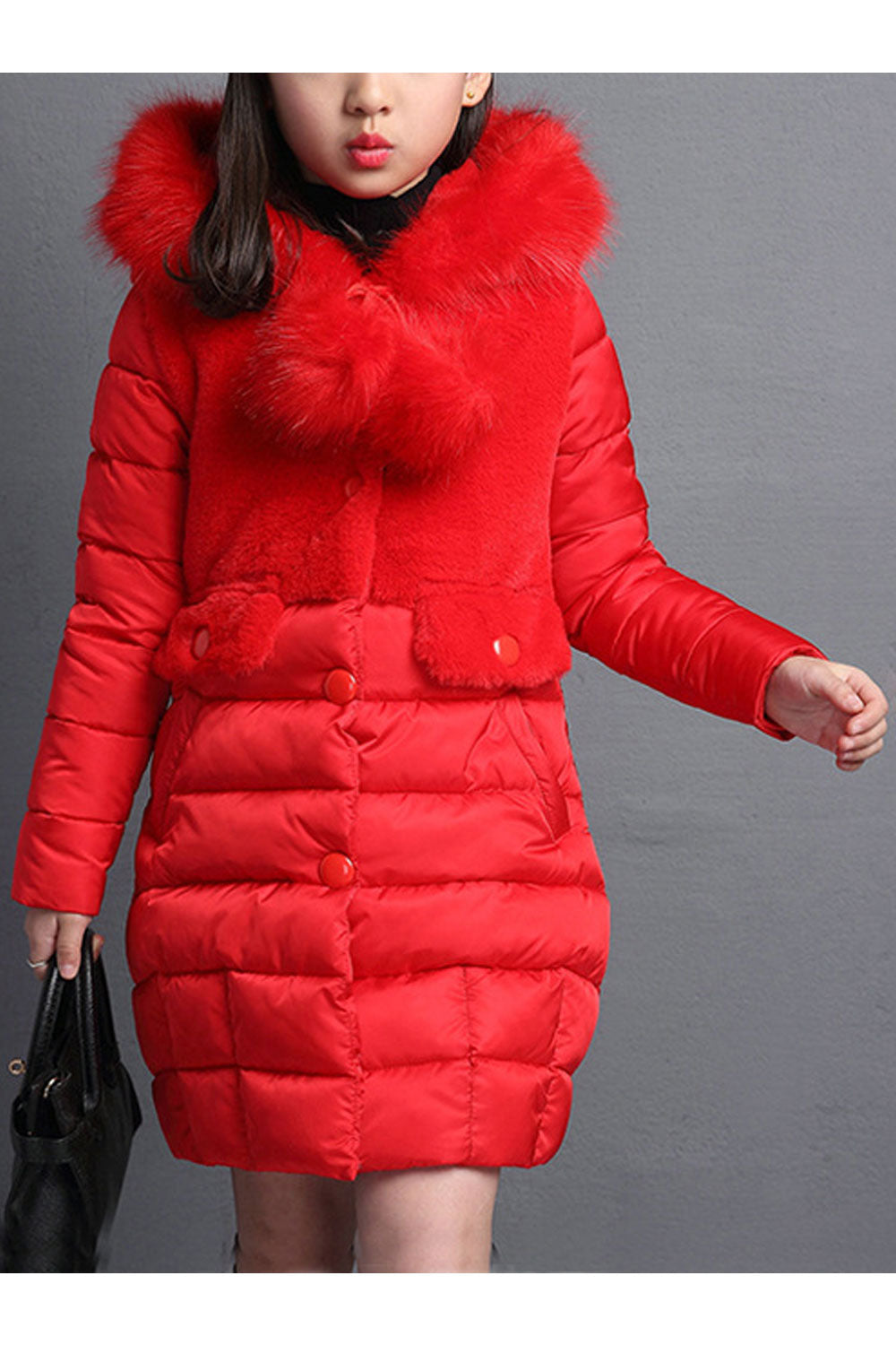 Kid Girl Fluffy Styled Hooded Neck Long Sleeves & Side Slash Pockets Buttoned Closure Cozy Winter Padded Jacket