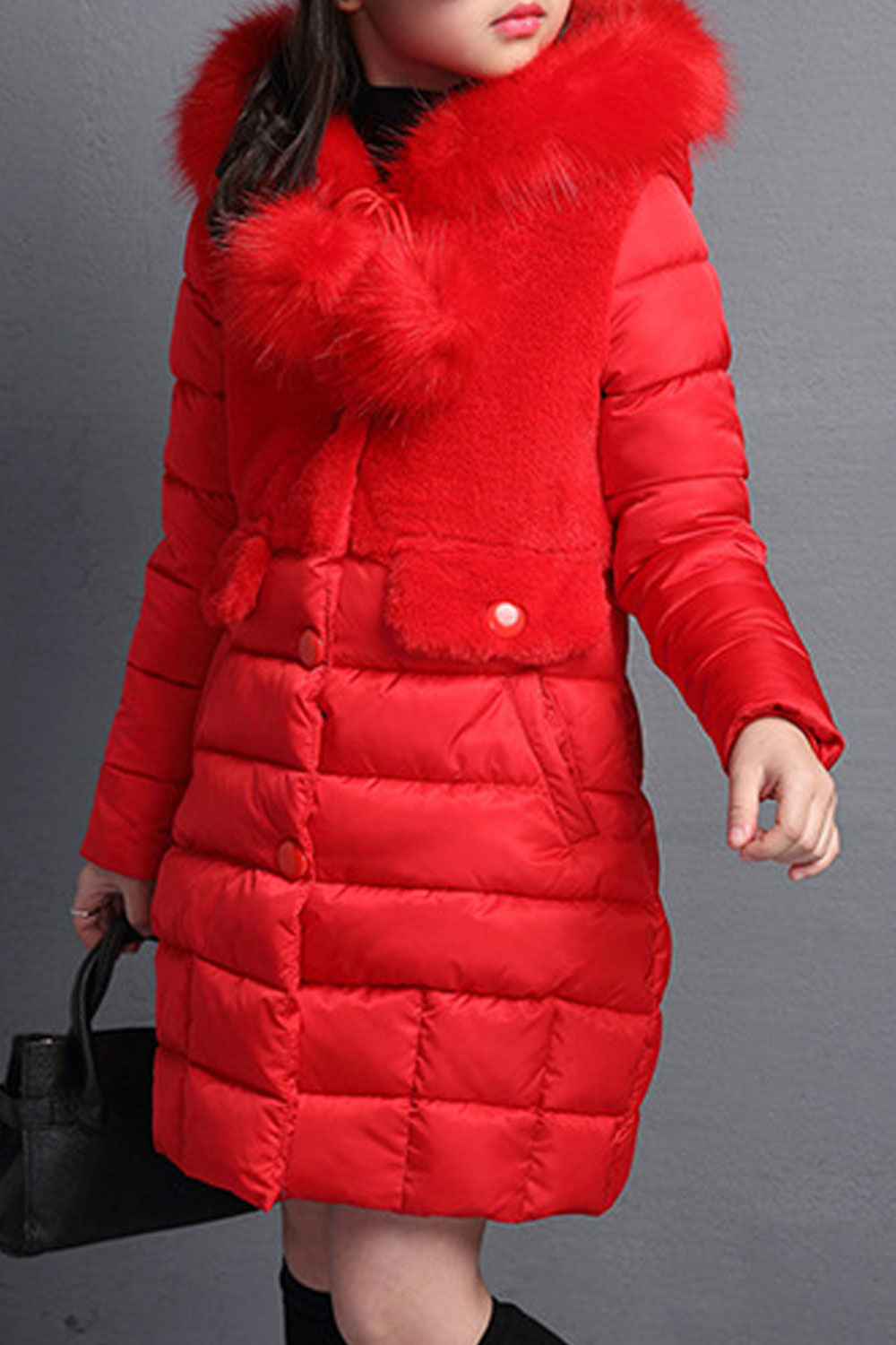 Kid Girl Fluffy Styled Hooded Neck Long Sleeves & Side Slash Pockets Buttoned Closure Cozy Winter Padded Jacket