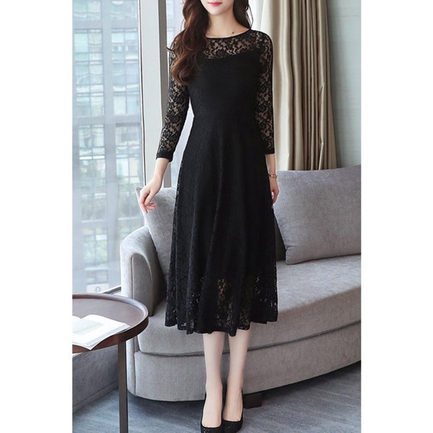 Women Spectacular Lace Decorated Round Neck Long Sleeve Attractive Party Evening A-Line Skirt Dress